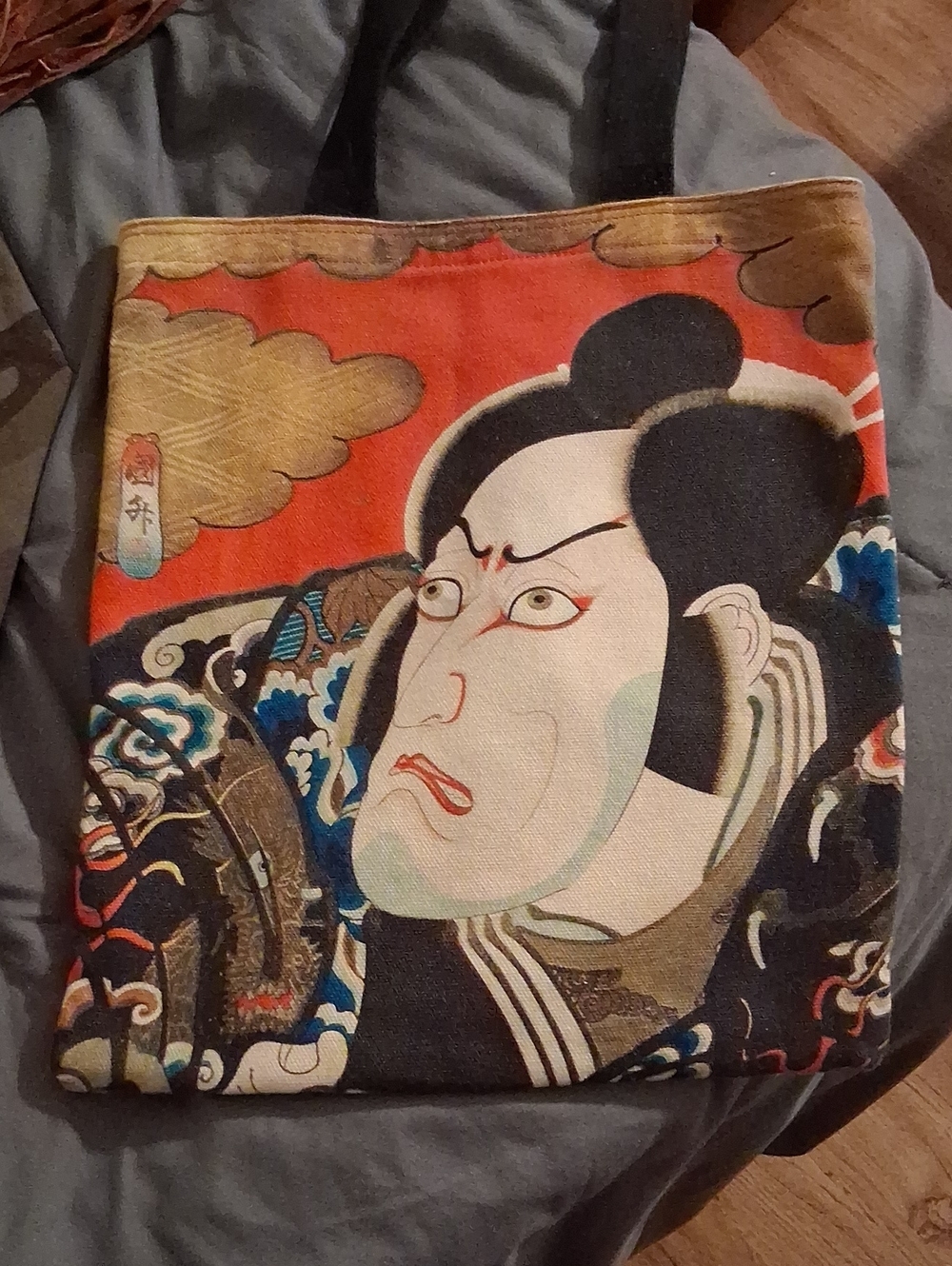 Printed Canvas Tote Bag with Red and Black Kabuki Art